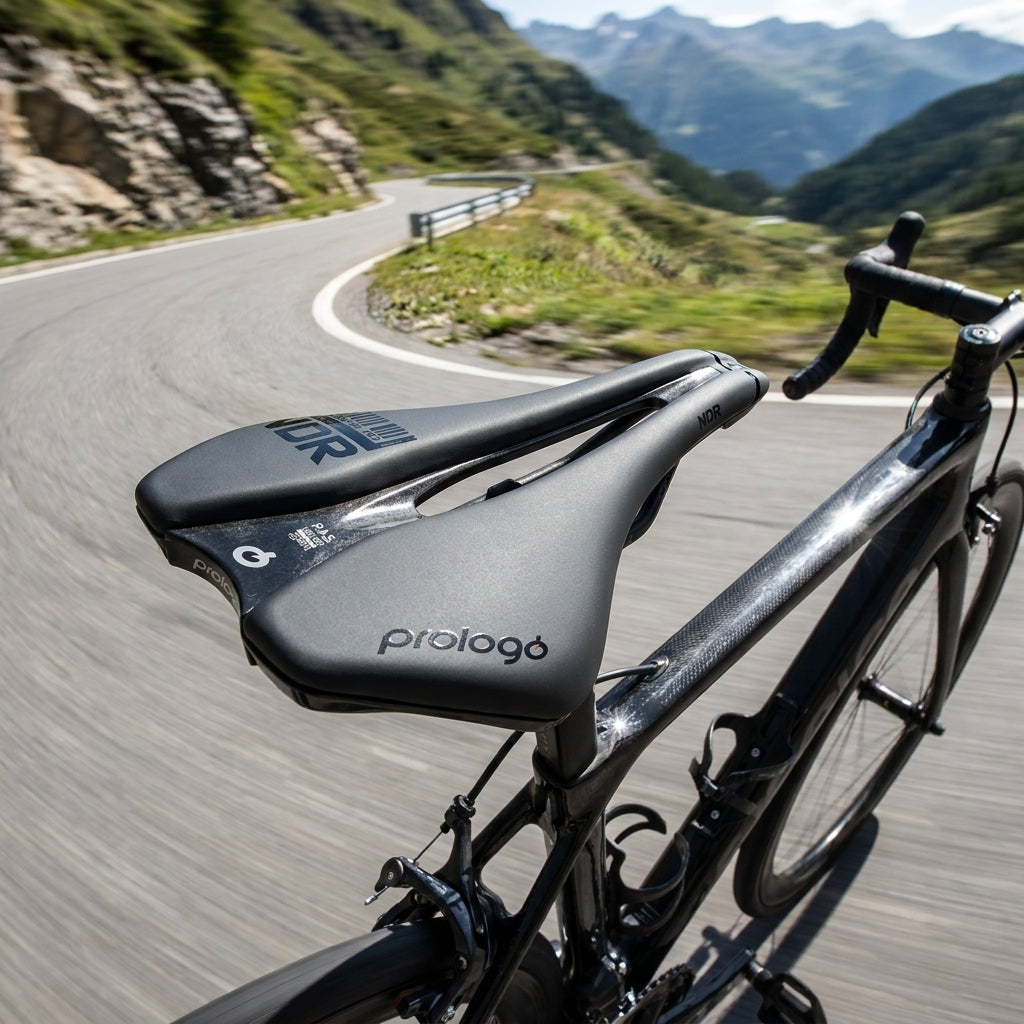 Prologo Sattel Dimension NDR143 T4.0 anthrazit/schwarz auf Rennrad auf kurviger Gebirgsstraße mit Bergen.