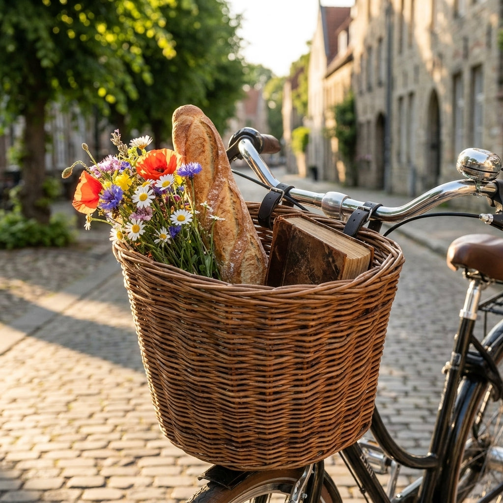 Basil Darcy Vorderrad-Korb Natur Rattan am Fahrrad mit Blumen, Baguette, Buch auf Kopfsteinpflaster.
