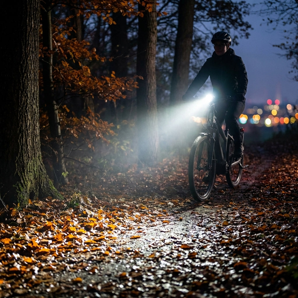 Busch+Müller Lumotec Dopp E E-Bike LED Scheinwerfer erhellt Waldweg bei Nacht, StVZO-zugelassen für sichere Fahrt.