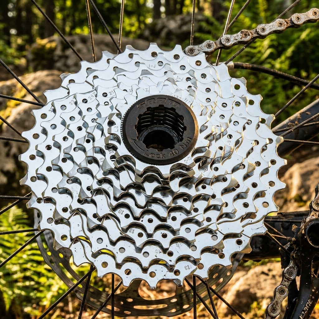 SRAM PG-950 MTB Fahrradkassette 11-34 Zähne, silber, auf Hinterrad montiert.