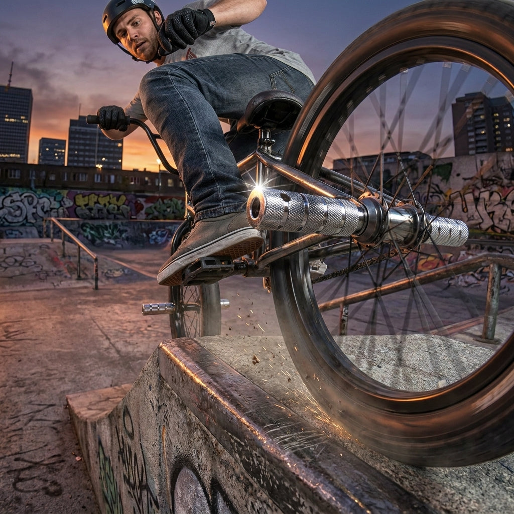 Messingschlager Achsaufsätze BMX Stahl chrom am Rad beim Grind mit Funken im Skatepark bei Sonnenuntergang.