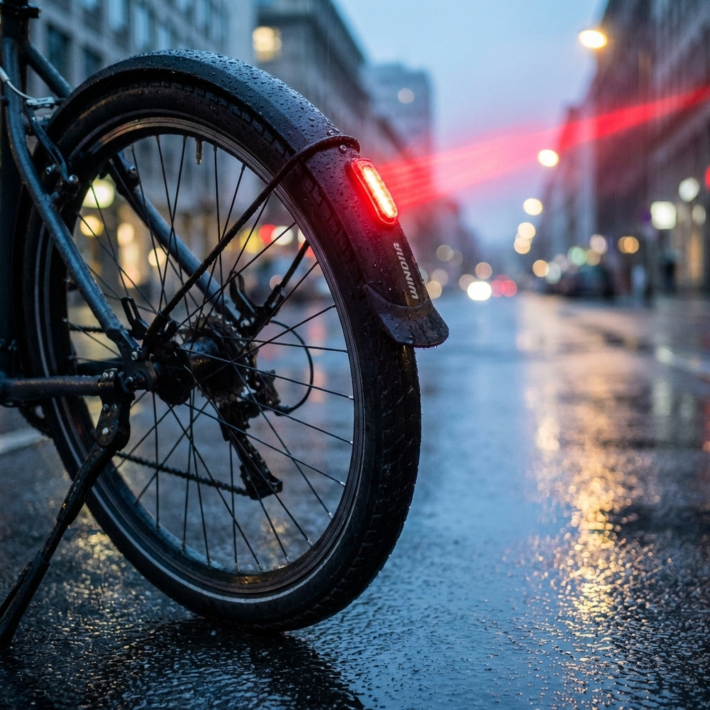 Winora Abstützung für HR Steckbleche am Fahrrad, Rücklicht & Laser auf nasser Straße, Sicherheit im Regen.