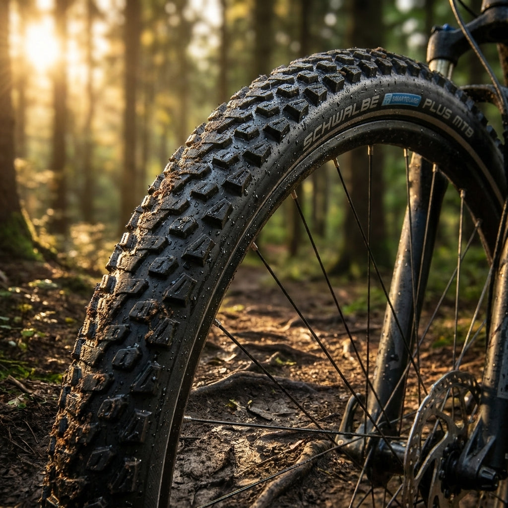 Schwalbe Marathon Plus MTB Reifen mit SmartGuard auf matschigem Waldweg im Sonnenlicht. E-Bike geeignet.