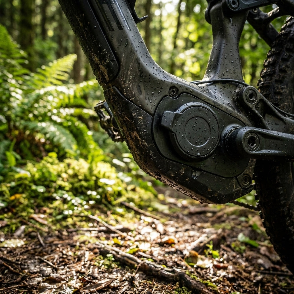 Schlammiges SHIMANO E-BIKE SYSTEMS E-Bike mit Motor und Akkuhalter BM-E8020 im Wald.