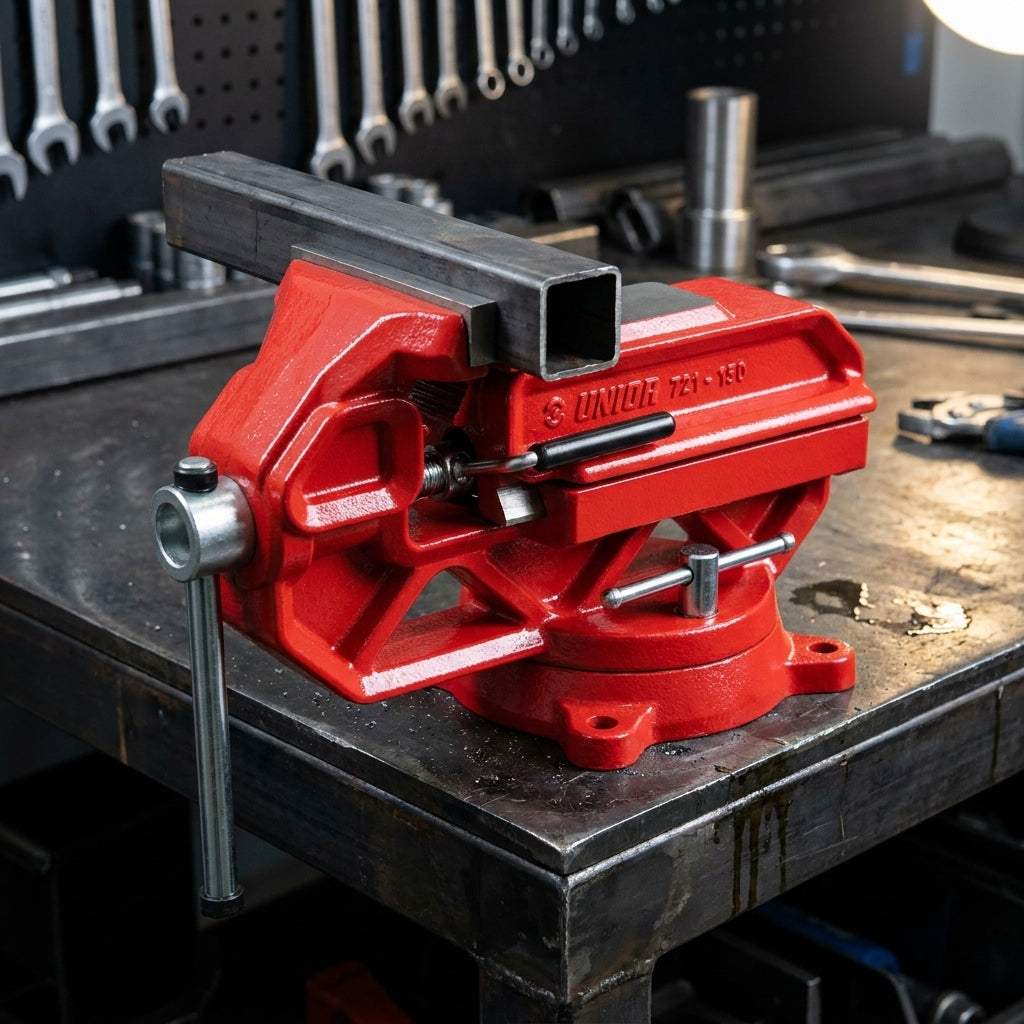 Roter Unior Schraubstock Quick Irongator 125mm hält ein Vierkantrohr auf einer Werkbank in der Werkstatt.