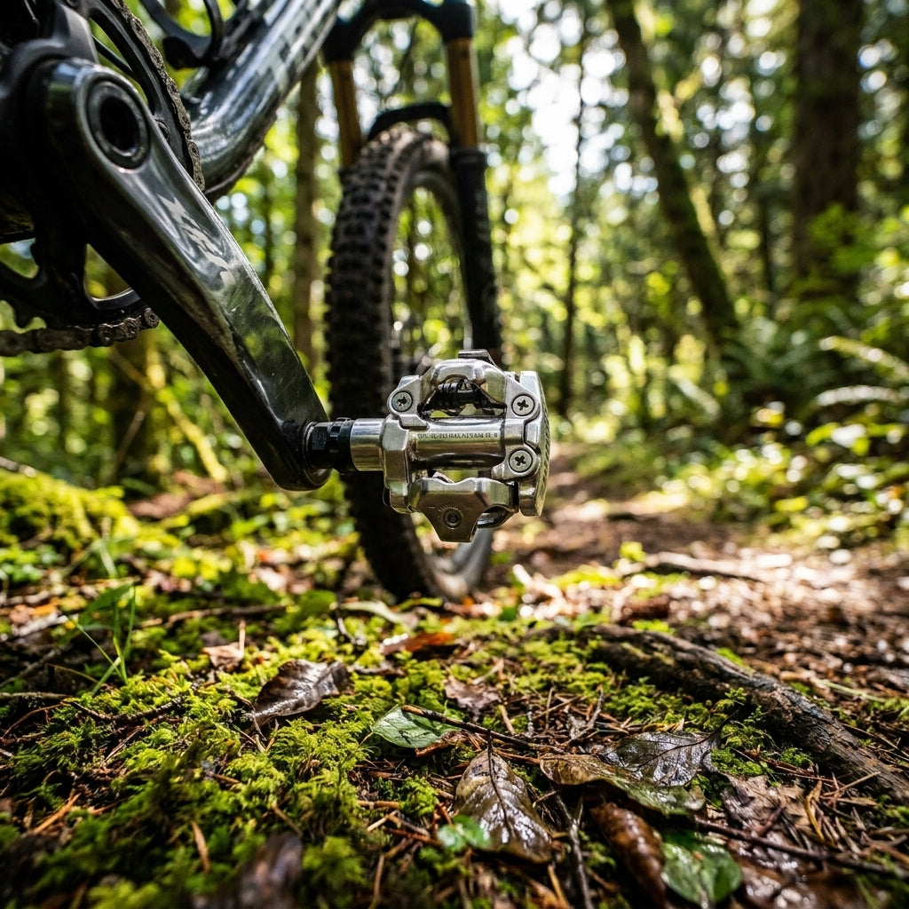 SHIMANO PD-M520 SPD Pedal silber für MTB/Trekking am Mountainbike auf moosigem Waldweg.