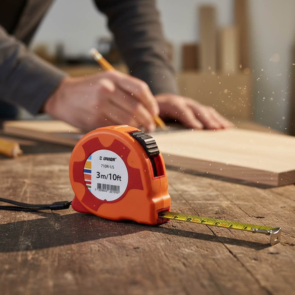 Unior Rollmaßband 710R-US 3m rot auf Holzwerkbank, Handwerker misst und markiert Holz mit Bleistift.