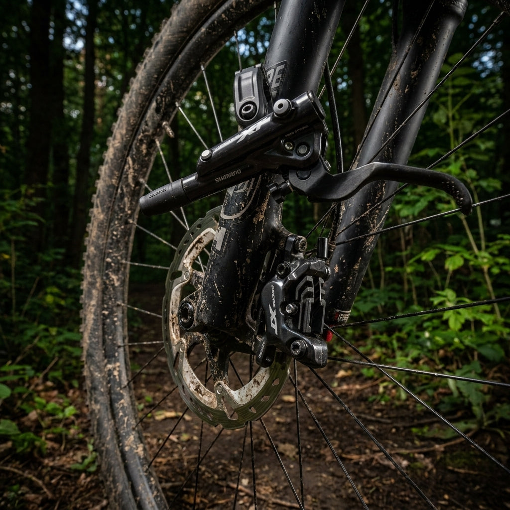 Kraftvolle Shimano Deore XT 4-Kolben Scheibenbremse am schlammigen Mountainbike-Vorderrad im Wald.