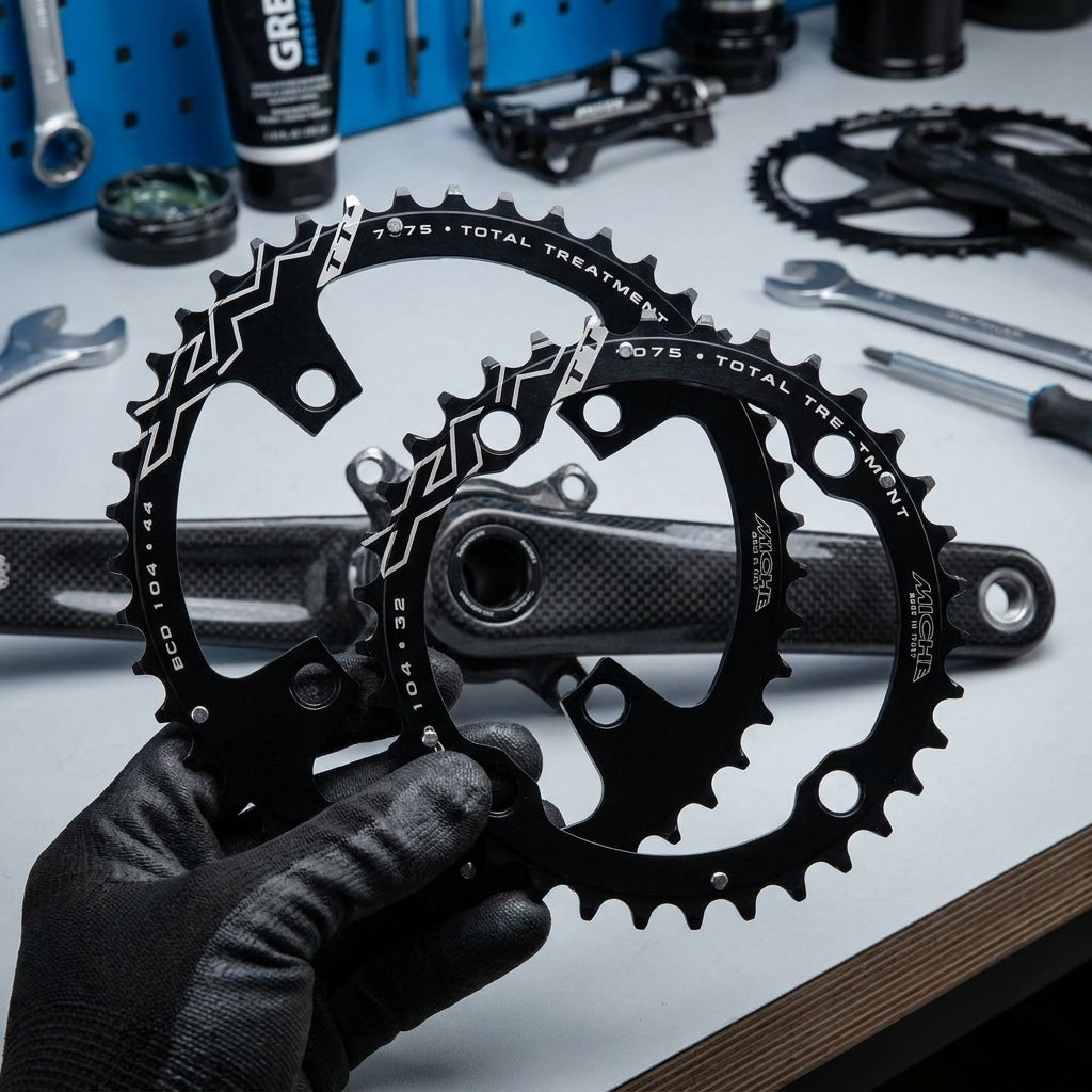 Schwarze Miche MTB XM TT Kettenblätter werden in einer Fahrradwerkstatt von Hand gehalten.