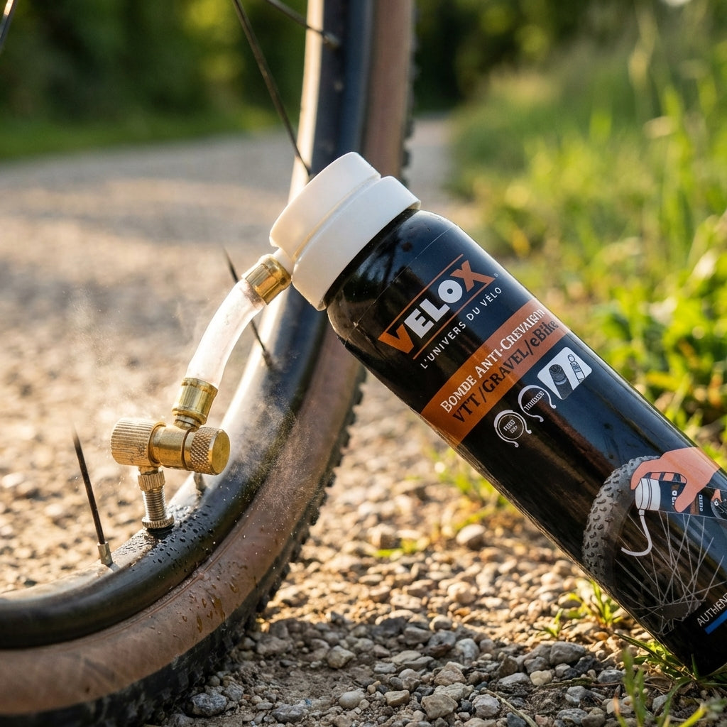 Velox Pannenspray AV/SV repariert & pumpt Fahrradreifen auf, mit Messing Doppelkopf, am Rad im Einsatz.
