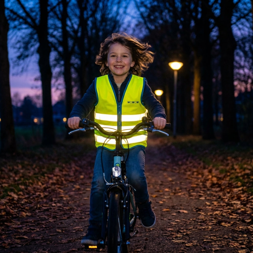 Kind fährt Fahrrad mit Wowow Sicherheitsweste Wasabi gelb M, reflektierend, bei Dämmerung für Sichtbarkeit.