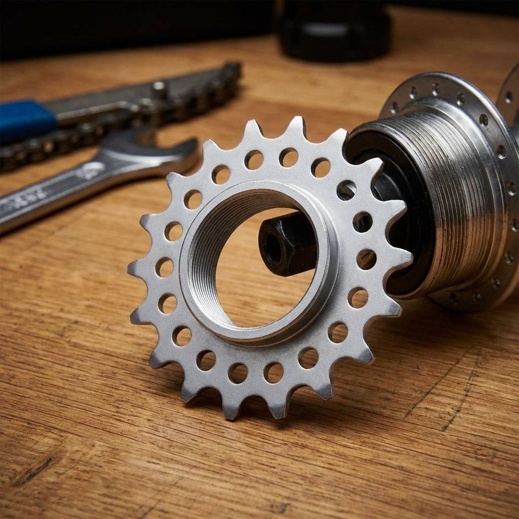 XLC Single Speed Ritzel 1/8", 18 Zähne mit Gewinde, matt verchromt, auf Holztisch mit Fahrradwerkzeug.
