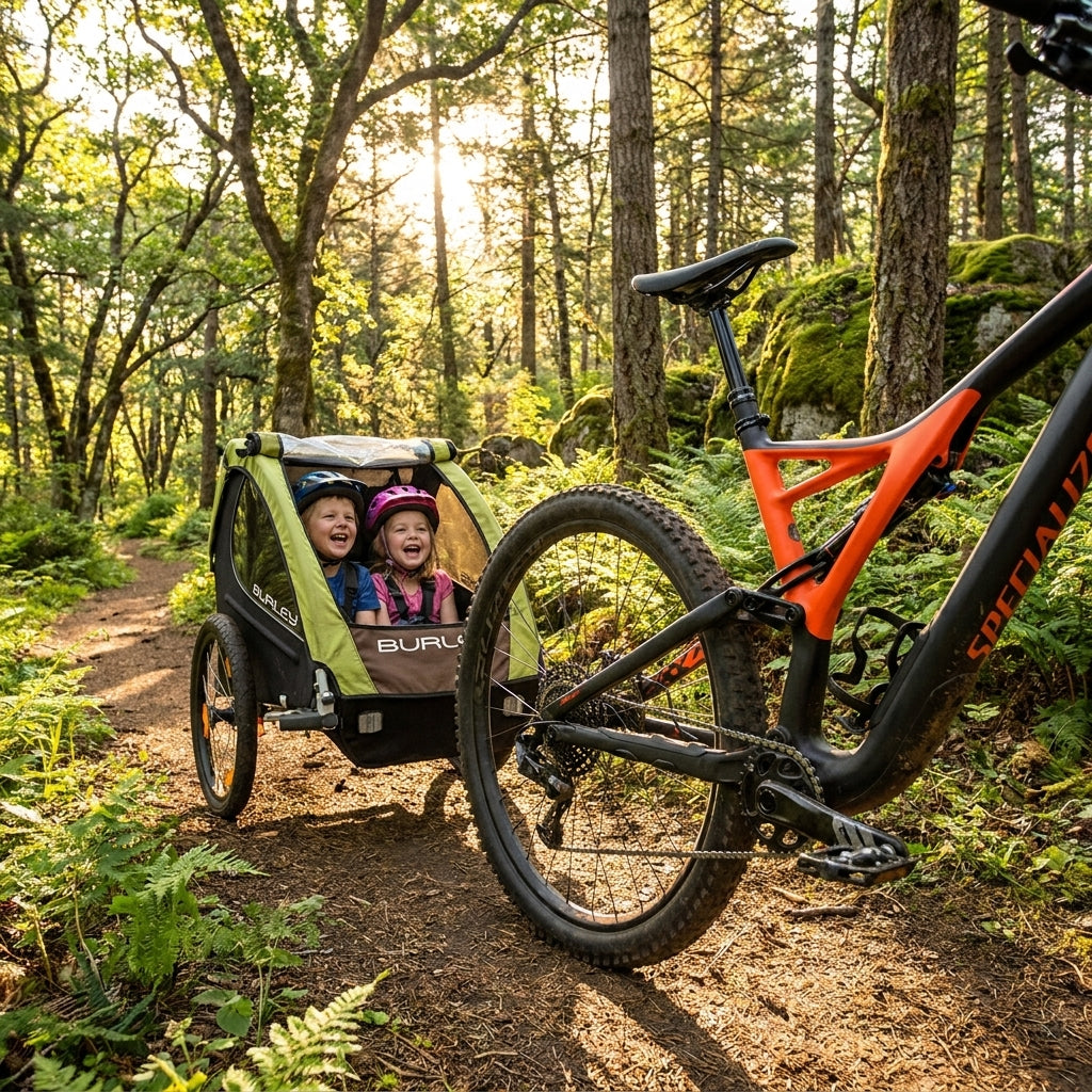 MTB zieht Kinderanhänger mit glücklichen Kindern auf Waldweg. Sichere Anhängeraufnahme für Mountainbikes.