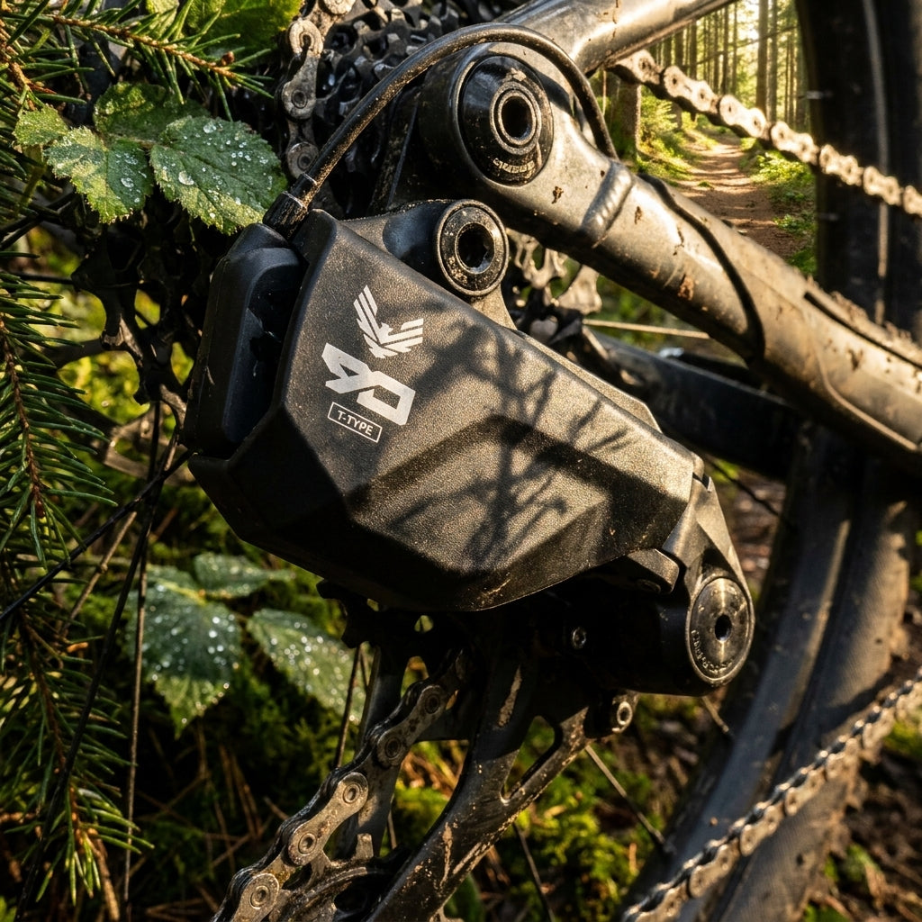 SRAM Eagle 90 T-Type Transmission Gehäusedeckel am Mountainbike, detailreich im Wald.