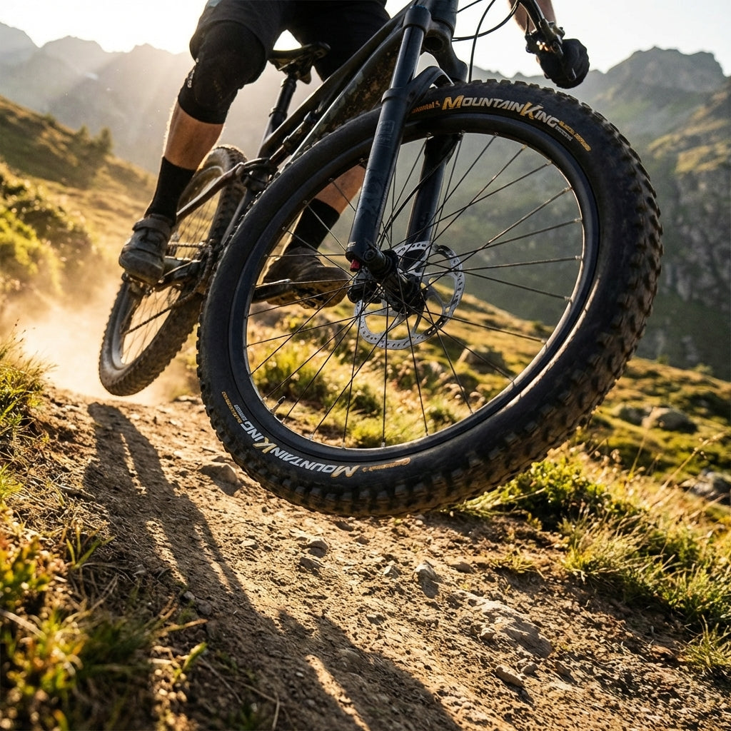Continental Mountain King 2.3 29er Reifen am E-Bike auf schottrigem Trail, schwarz/schwarz Skin.