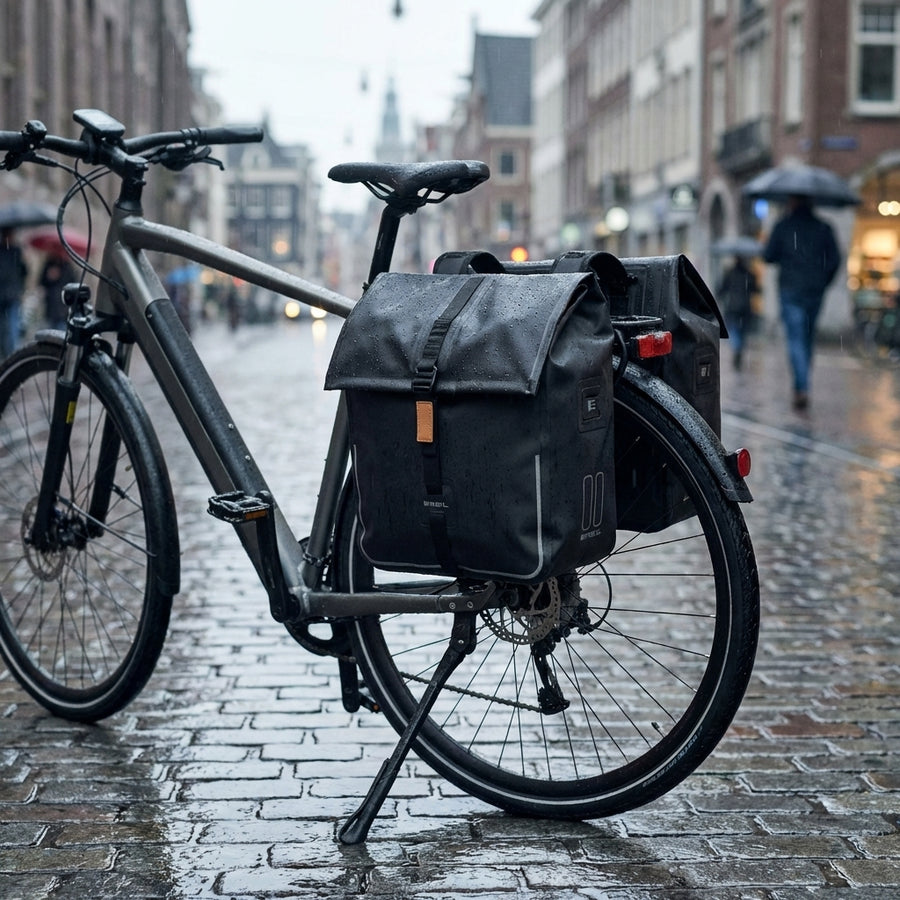 Fahrrad mit Basil Urban Dry wasserdichter Doppelpacktasche matt schwarz im Regen auf nassem Stadt-Kopfsteinpflaster.