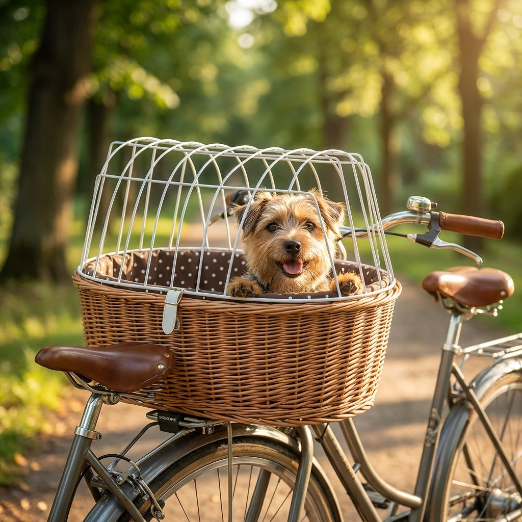 Aumüller Tierfahrradkorb Weide Racktime für Hunde. Brauner Heck-Fahrradkorb aus Naturweide mit Polsterkissen und Sicherheitskuppel.