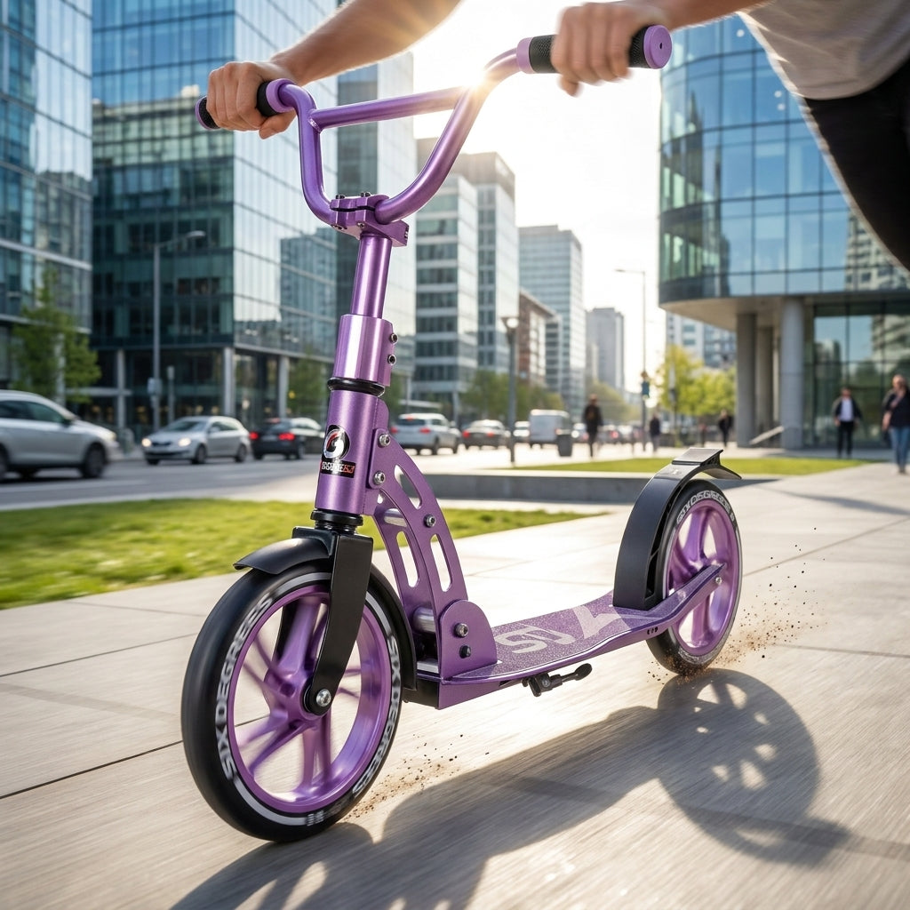 Person fährt lila Sk8teforyou Six Degrees Aluminium Scooter mit 205mm Rädern durch die Stadt bei Sonne.