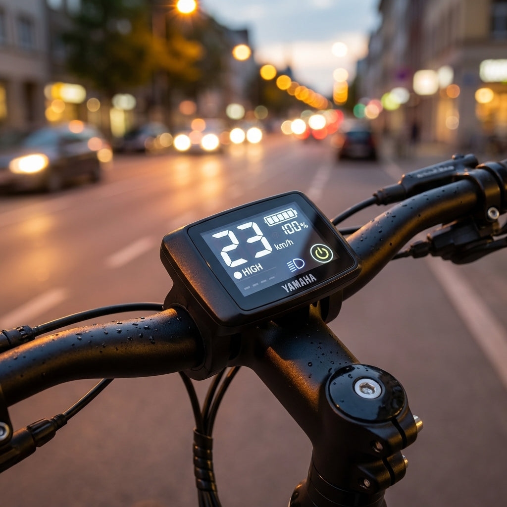 Yamaha LED Display E-Bike 2017 (X94/X01) schwarz, zeigt 23 km/h, 100% Akku, High-Modus am Lenker.