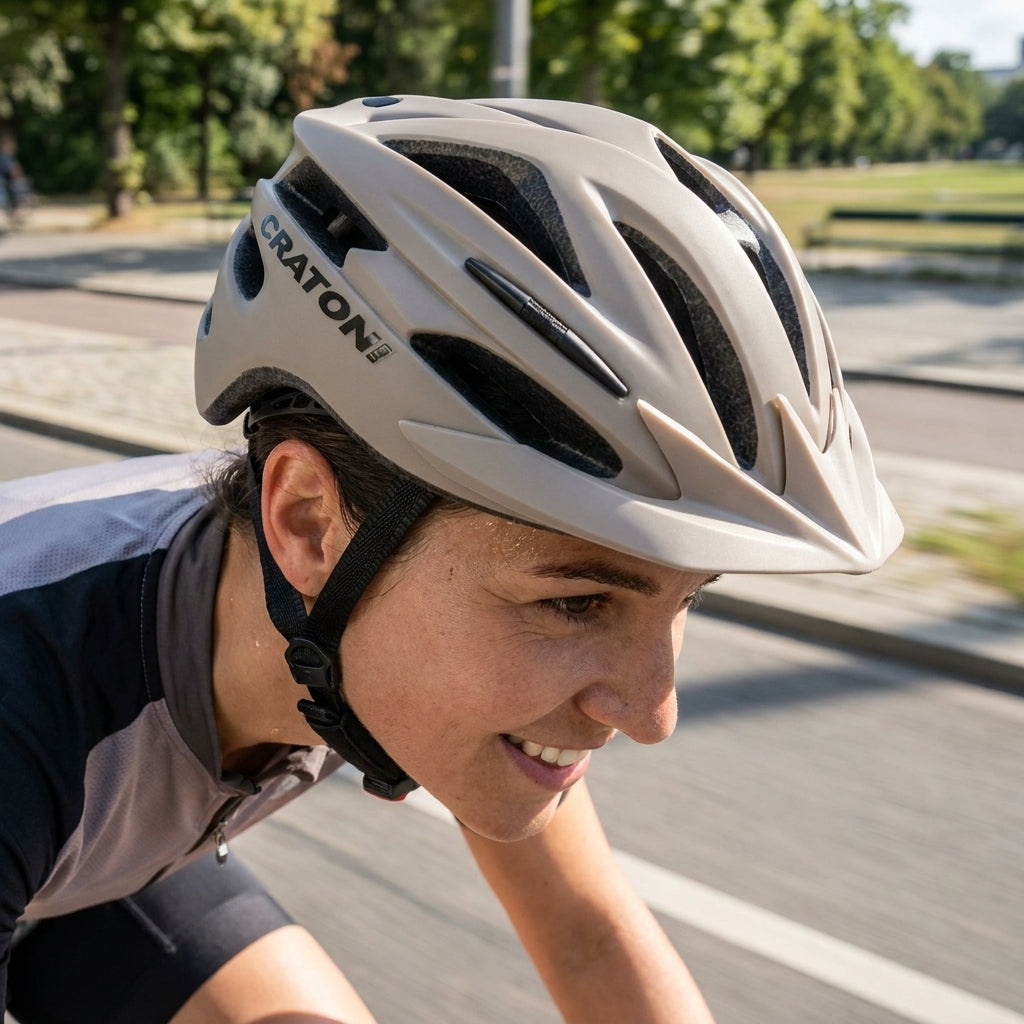 Cratoni Fahrradhelm Pacer cashmere matt S/M 54-58cm, getragen von Radfahrerin beim Fahren.