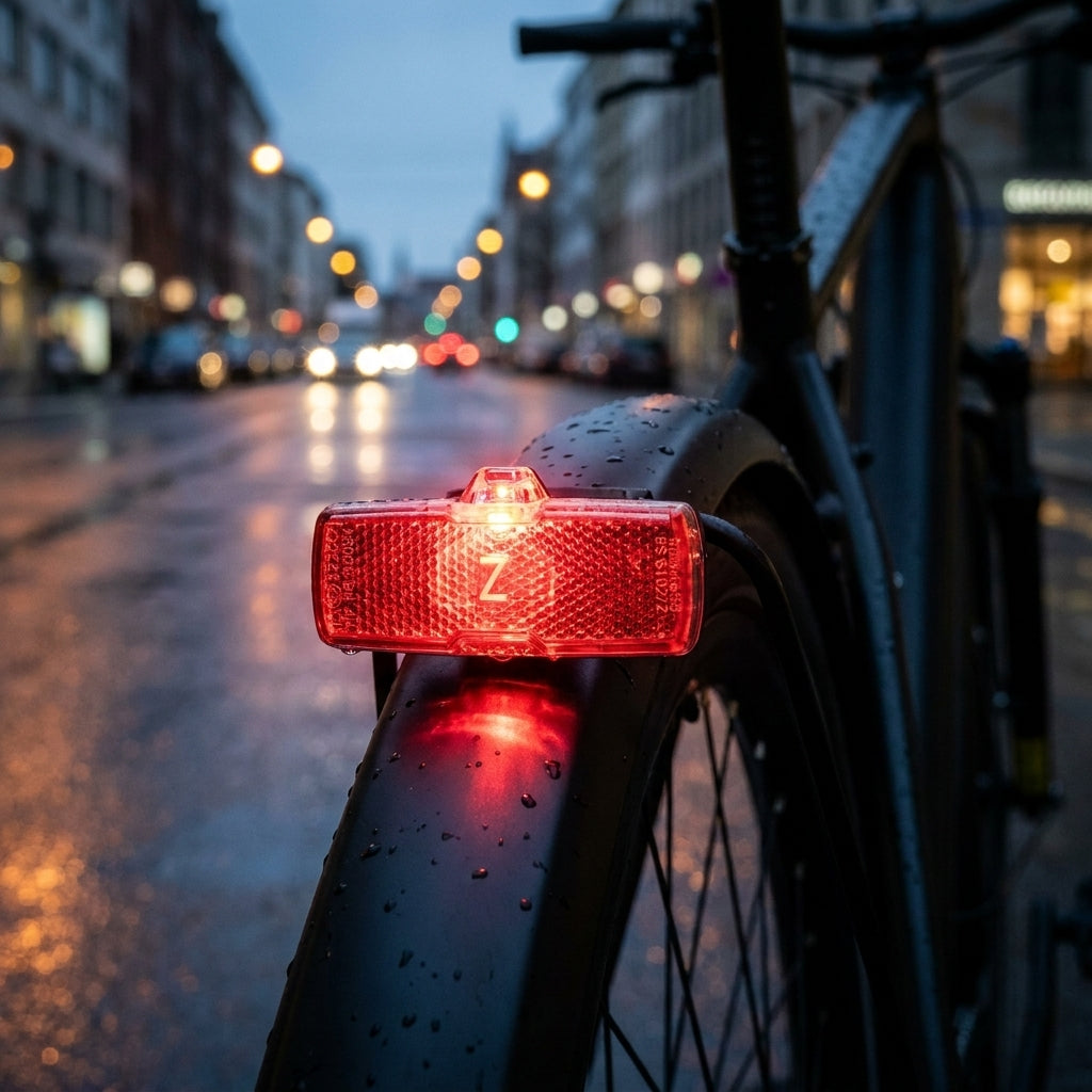 Busch&Müller Toplight Mini plus StVZO Rücklicht am Fahrrad, leuchtend auf nassem Schutzblech, Stadt bei Dämmerung.
