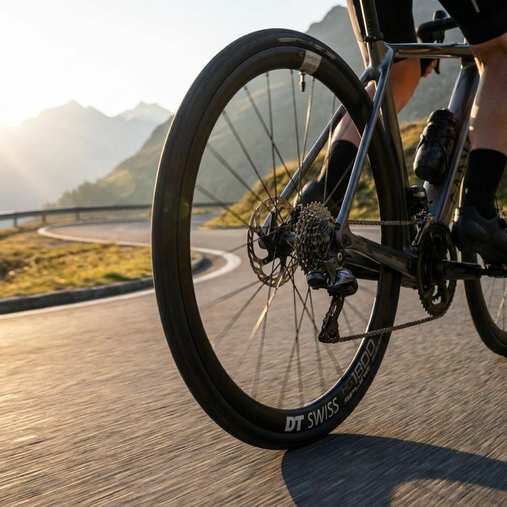 Robustes DT Swiss HG 1800 SPLINE E-Road Hinterrad schwarz am Fahrrad auf Bergstraße.