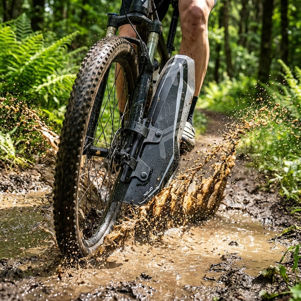 XLC Mudguard VR Spritzschutz MGC-05 schwarz grau am Mountainbike Vorderrad in Schlammpfütze, Schlamm spritzt hoch.