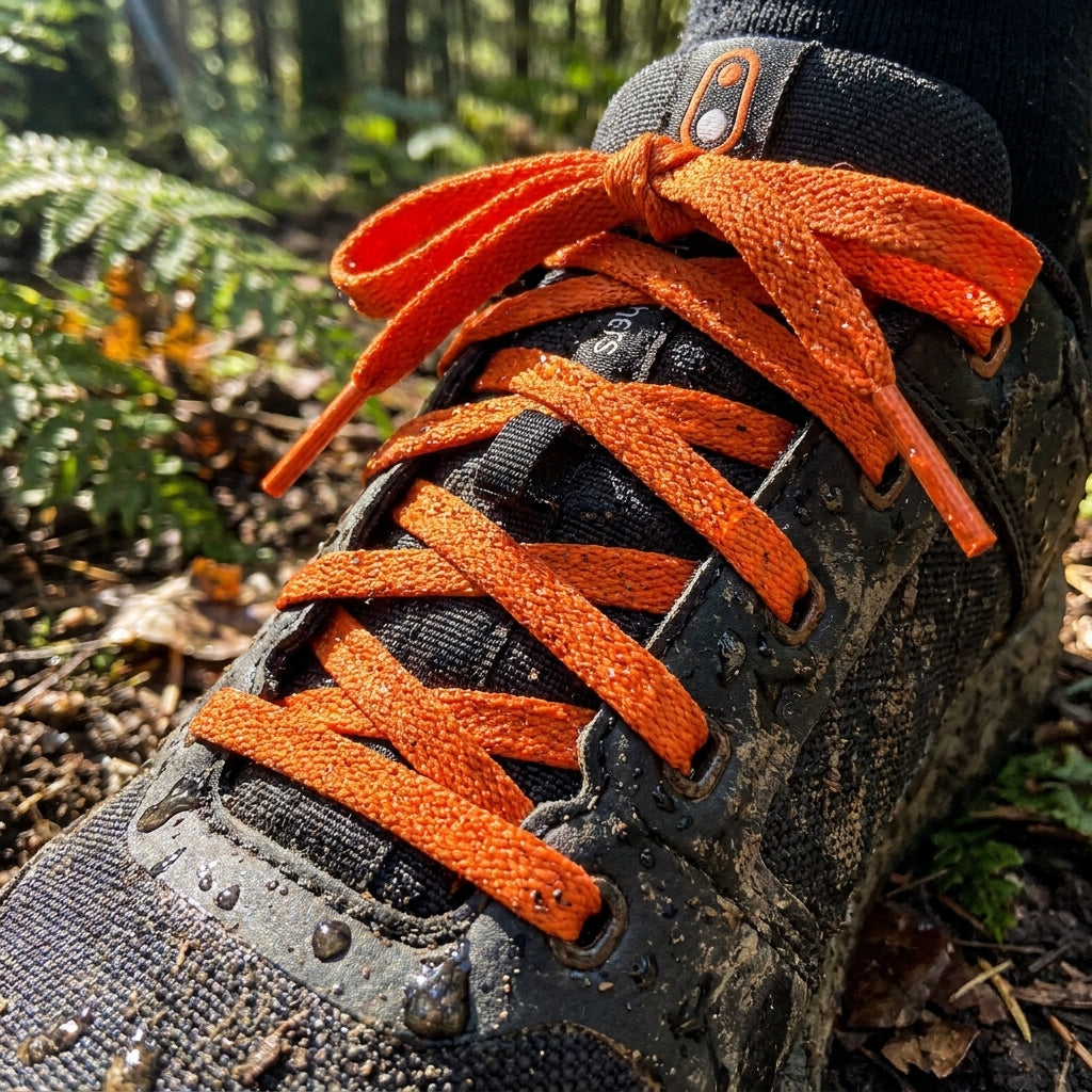 Crankbrothers Lace Schnürsenkel orange an schlammigem Fahrradschuh im Wald.