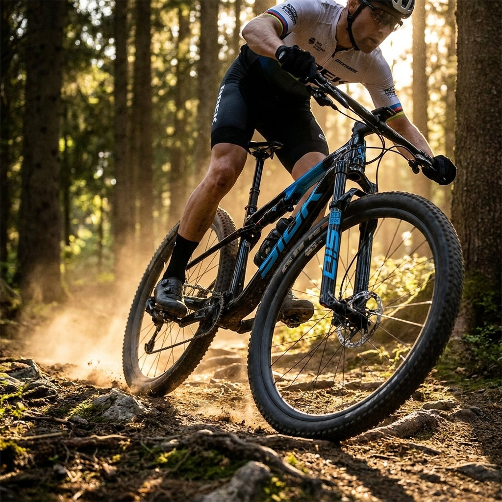 Rockshox SIDLuxe Ultimate Dämpfer am Mountainbike in Aktion auf staubigem Waldtrail bei Sonnenlicht.