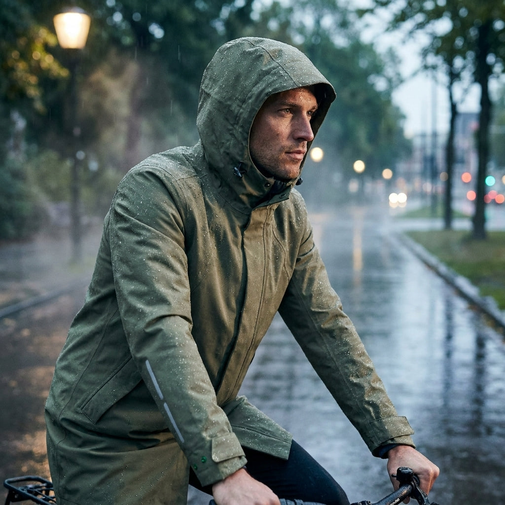 Basil Regenparka Mosse Herren, Olive Grün. Wasserdichter Fahrrad-Parka mit Kapuze für Pendler und Freizeit. Optimaler Schutz bei Regen.