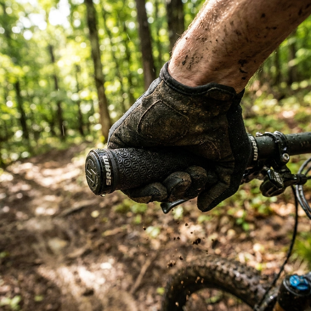 Schlammige Hand hält schwarzen SRAM MTB Lockring Griff auf einem nassen Waldtrail.