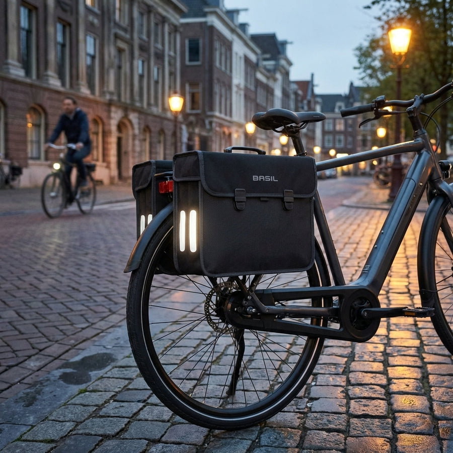 Basil Fahrradtasche Malaga XL schwarz mit Reflektoren am E-Bike auf Kopfsteinpflaster im Abendlicht.