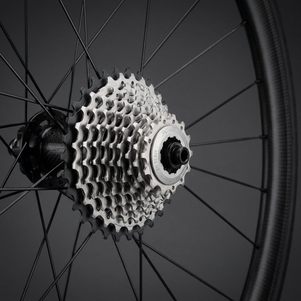 XLC 11-fach Xtralight Zahnkranz-Kassette für Campagnolo in Silber auf einem Fahrradhinterrad.