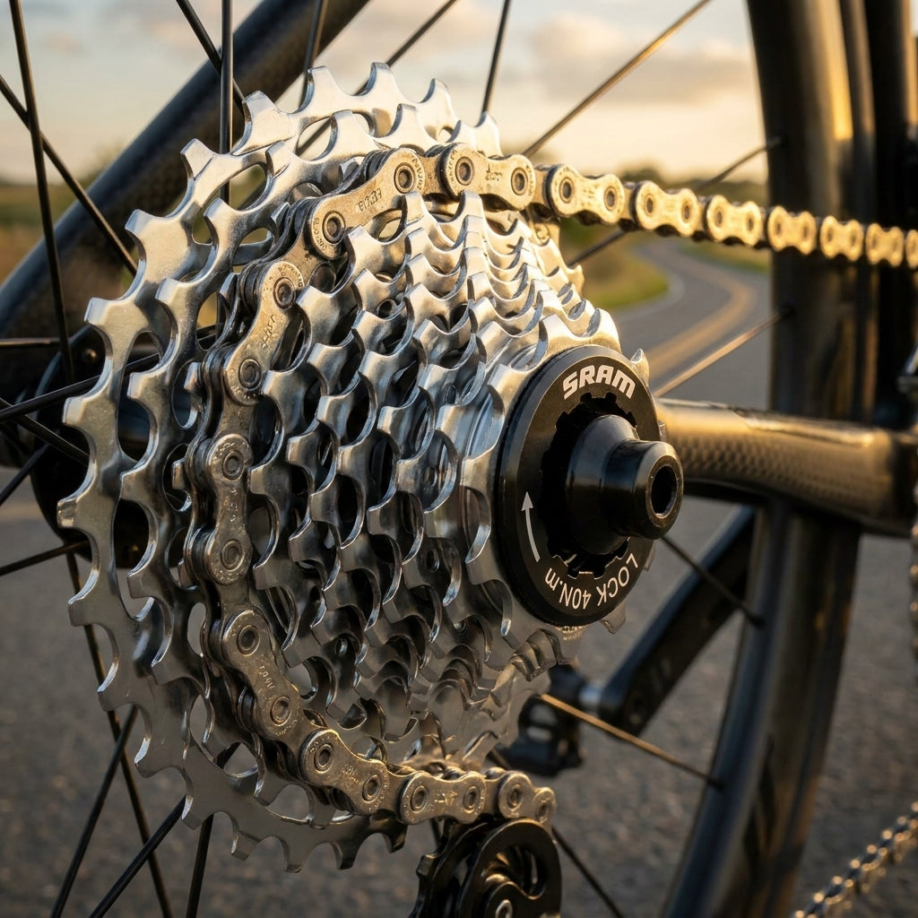SRAM PG-1130 11-fach Rennrad-Kassette 11-28 Zähne silber schwarz mit Kette und Freilauf auf einer Straße.