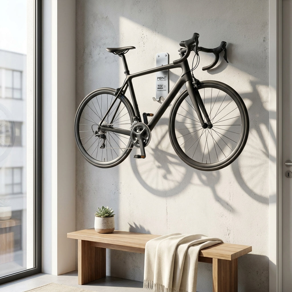 Point Fahrrad Wandhalter zum Einhängen am Pedal. Platzsparende Fahrradaufhängung für Wohnung und Garage. Inkl. Befestigungsmaterial.