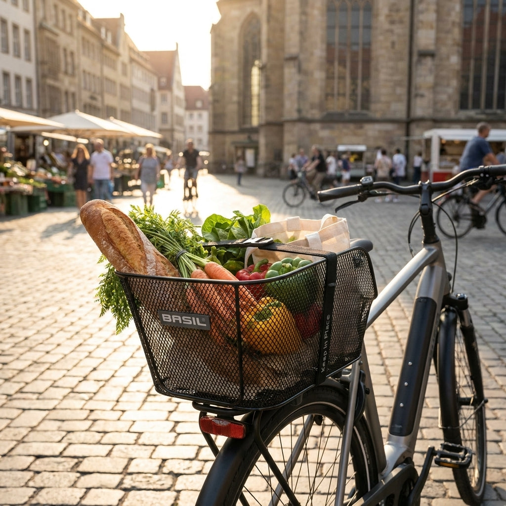 Basil Hinterradkorb Icon S schwarz engmaschig am E-Bike mit Gemüse und Baguette auf Marktplatz.