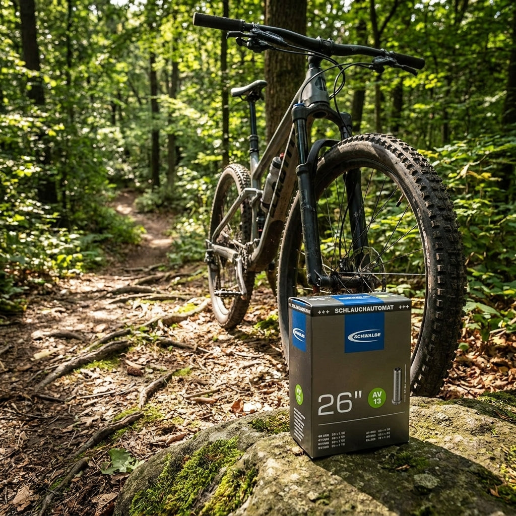 Schwalbe MTB Fahrradschlauch AV13 26 Zoll Autoventil Box auf Moosstein vor Mountainbike im sonnigen Wald.