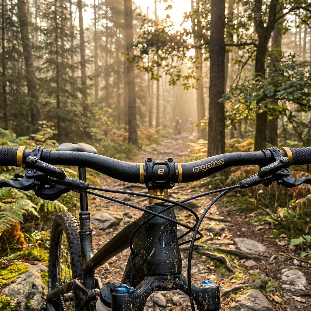 Ergotec Low Riser Bar 6+ Gold Edition Lenker für MTB/E-MTB. Schwarz/Gold, 780mm, AL7050 T76. Sicherheit & Performance.