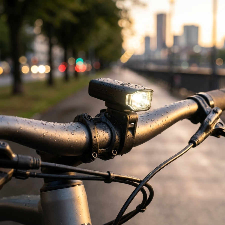 Schwarze MonkeyLink Lenkerhalterung für Frontbeleuchtung am nassen Fahrradlenker. Robuste Klick-Montage, MonkeyLink-System ko