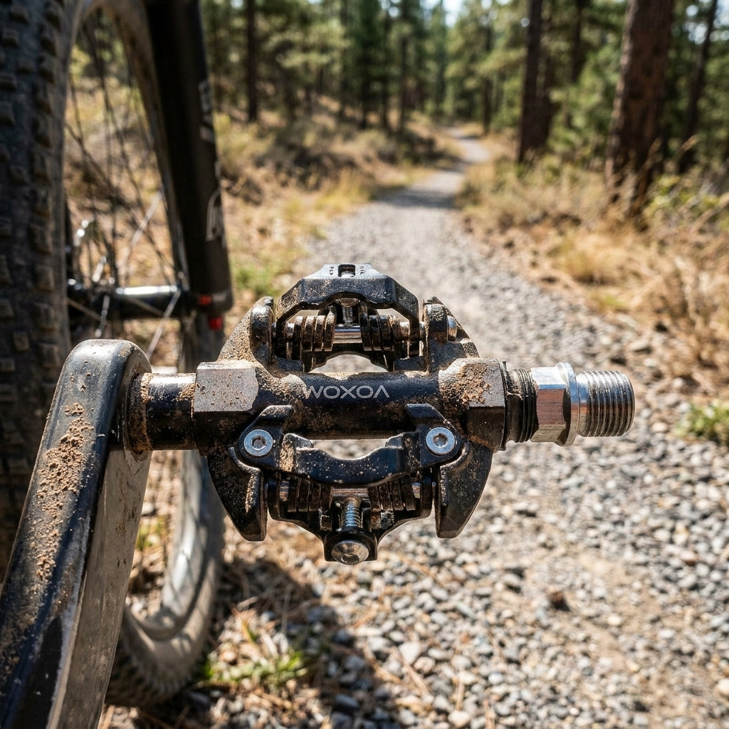 Schmutziges Voxom Pedal MTB SPD-Pe17 schwarz auf Schotterweg, Cr-Mo Achse, gedichtete Industrielager.