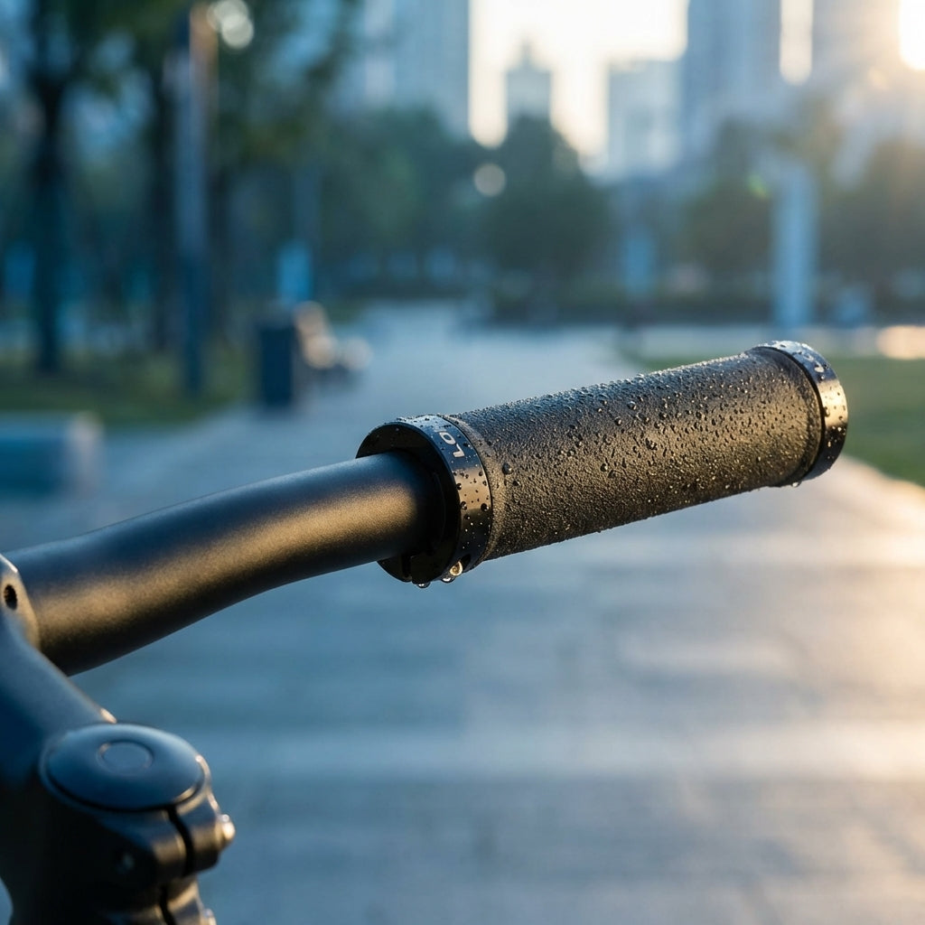 Longus Griffe mit Wassertropfen auf Fahrradlenker für sicheren, rutschfesten Halt.