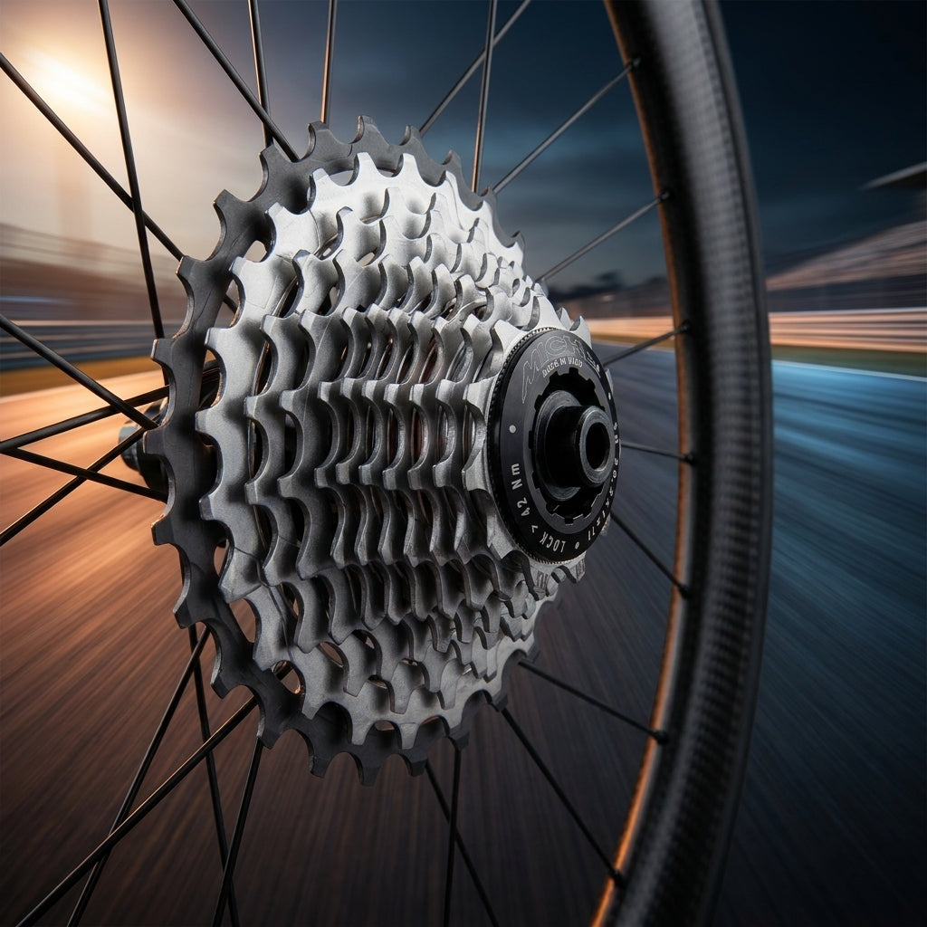 Miche Kassette Primato Light 11-fach 14-25z Shimano am Rennrad-Hinterrad in Bewegung.