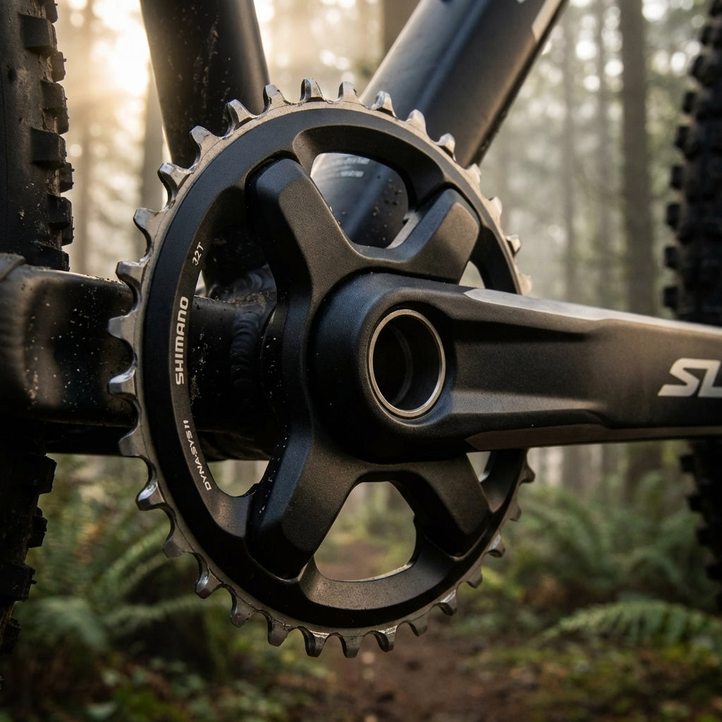 SHIMANO SLX Kettenblatt 30 Zähne für 11-fach MTB-Antrieb am Fahrrad im Wald mit Kurbel.
