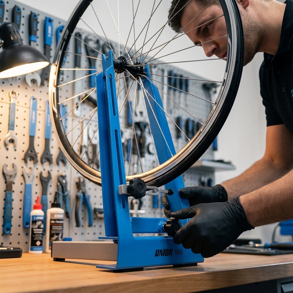 Unior Zentrierständer 1688: Mann zentriert Fahrrad-Laufrad professionell in Werkstatt.