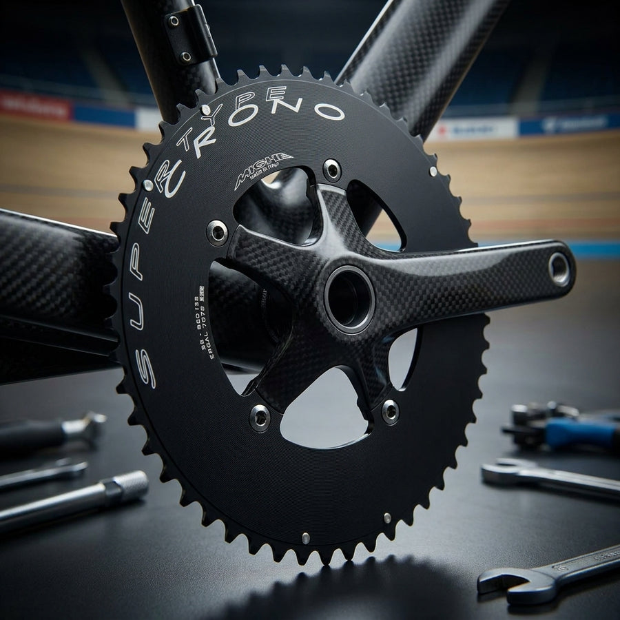 Miche Super Crono Kettenblatt 53 Zähne schwarz, Carbon Kurbel für Campa Fahrrad, Velodrom Hintergrund.