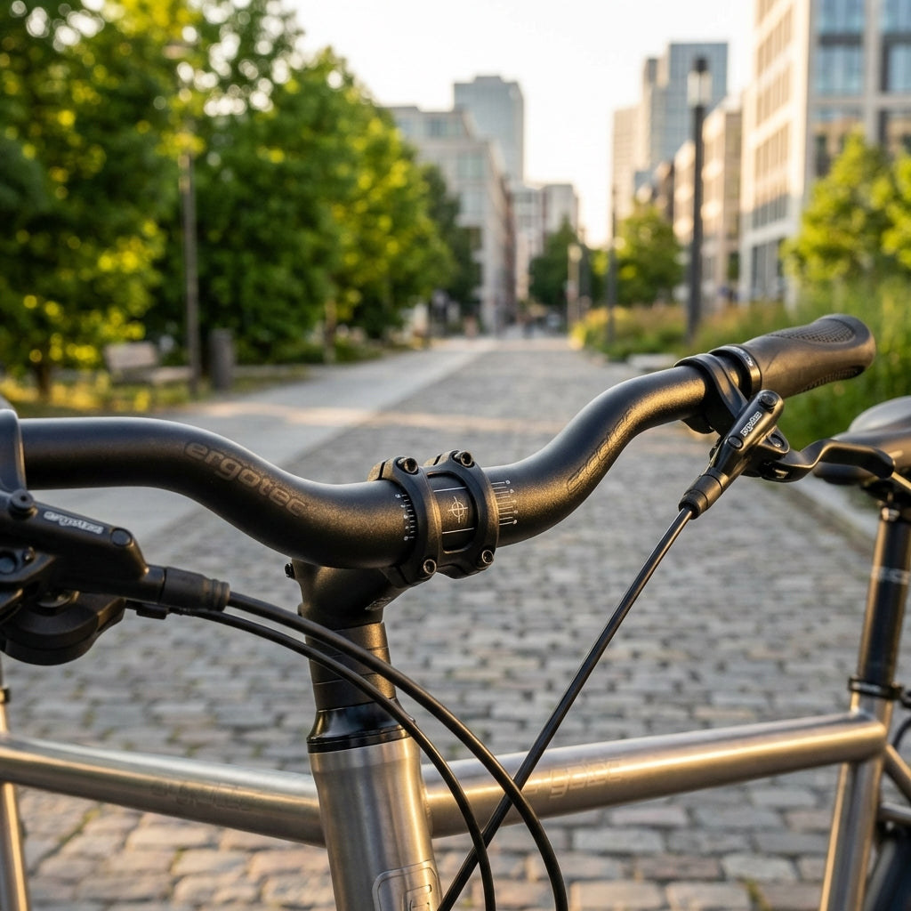 Ergotec Lenker Bügel plus Series L schwarz am Fahrrad auf gepflastertem Weg mit Stadtkulisse.
