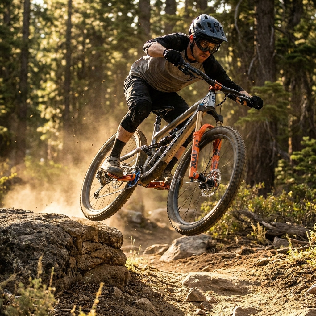 Mountainbiker springt mit orangefarbener Race Face Atlas Kurbel über Felsen. Robuste Gravity-Kurbel für maximale Kontrolle.