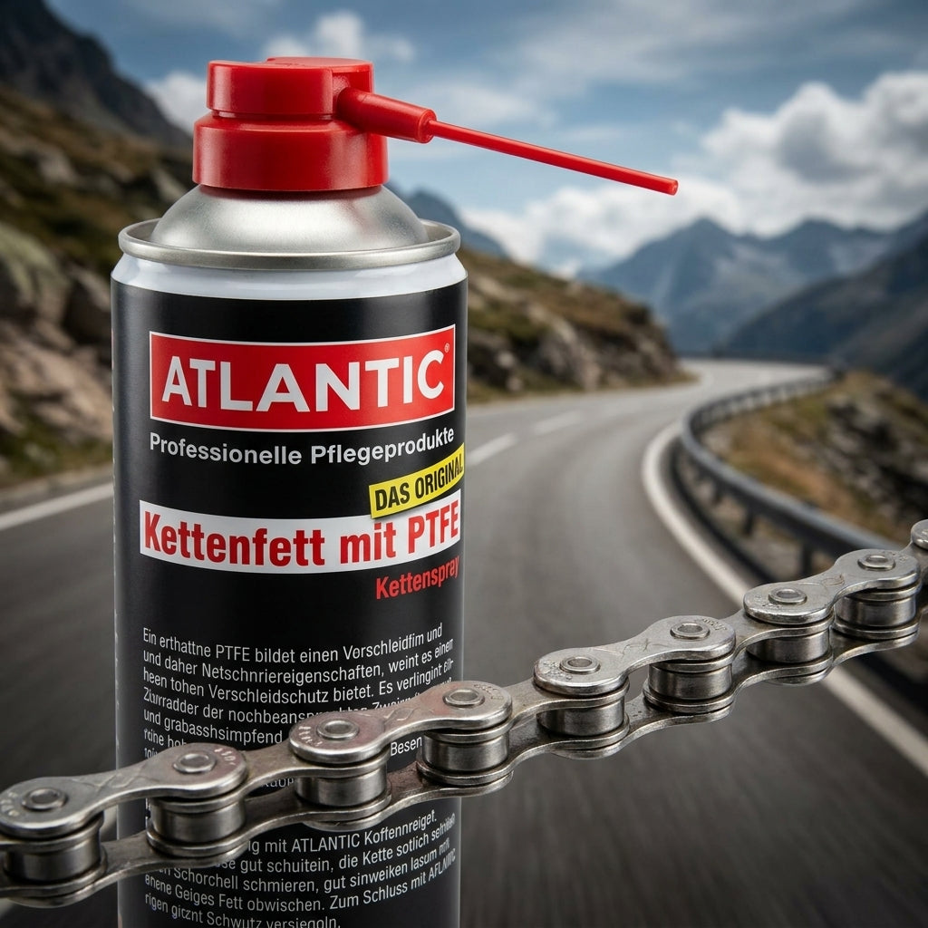 Atlantic Kettenfett mit PTFE Spraydose 500ml und Fahrradkette auf einer Bergstraße.