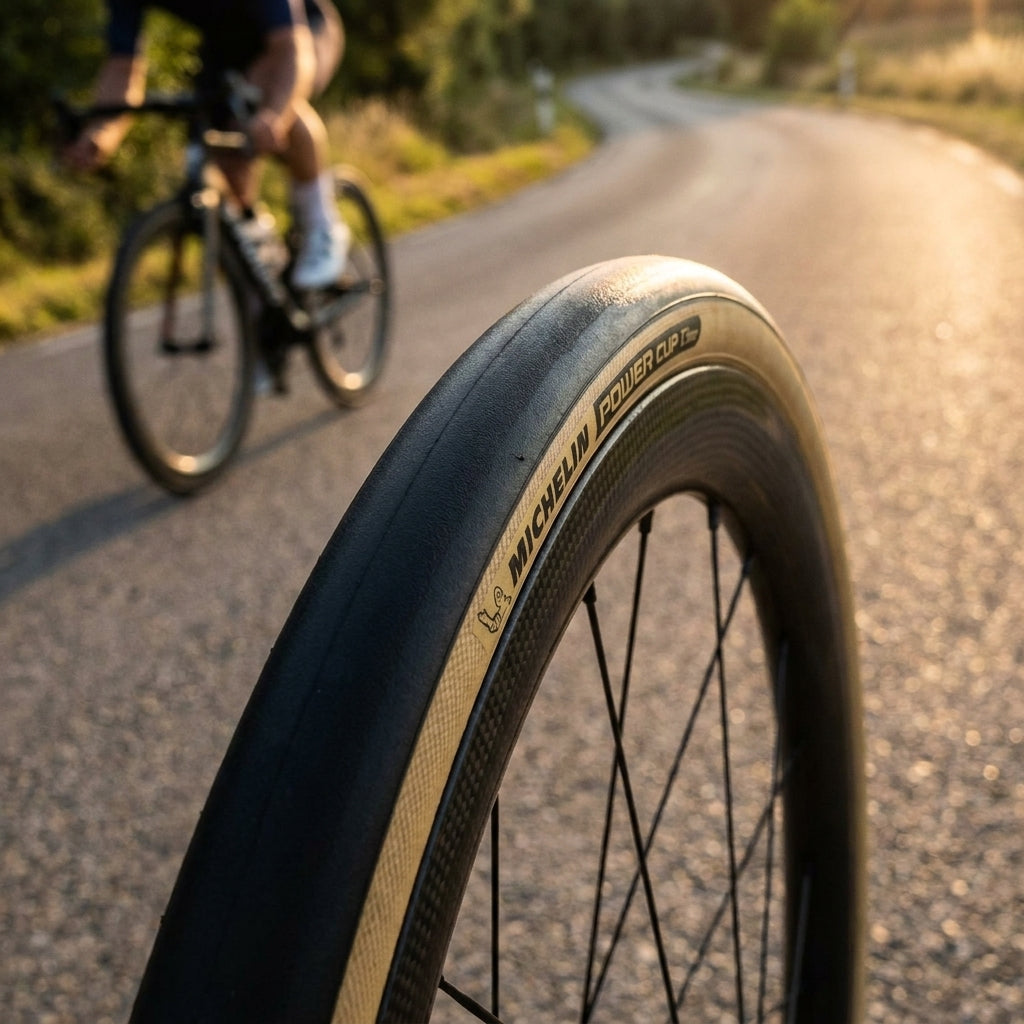 Michelin Power Cup Reifen schwarz/creme auf Carbonrad, Radfahrer auf sonniger Straße.