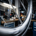 DT Swiss Speiche Competition silber am drehenden Laufrad, Detail einer robusten Allround-Fahrradspeiche in Werkstatt.